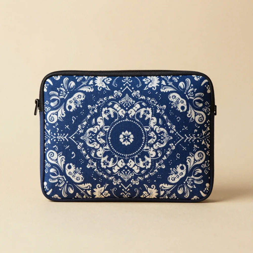 A batik laptop sleeve in an indigo pattern on a light background