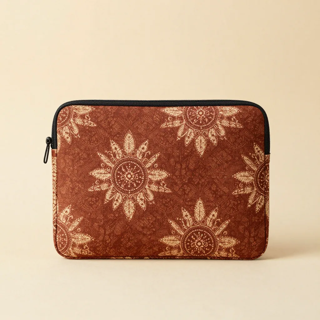 A batik laptop sleeve in a rust pattern on a light background