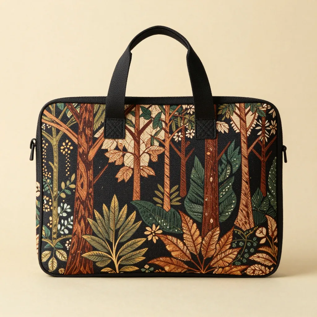 A batik laptop sleeve in a forest pattern on a light background