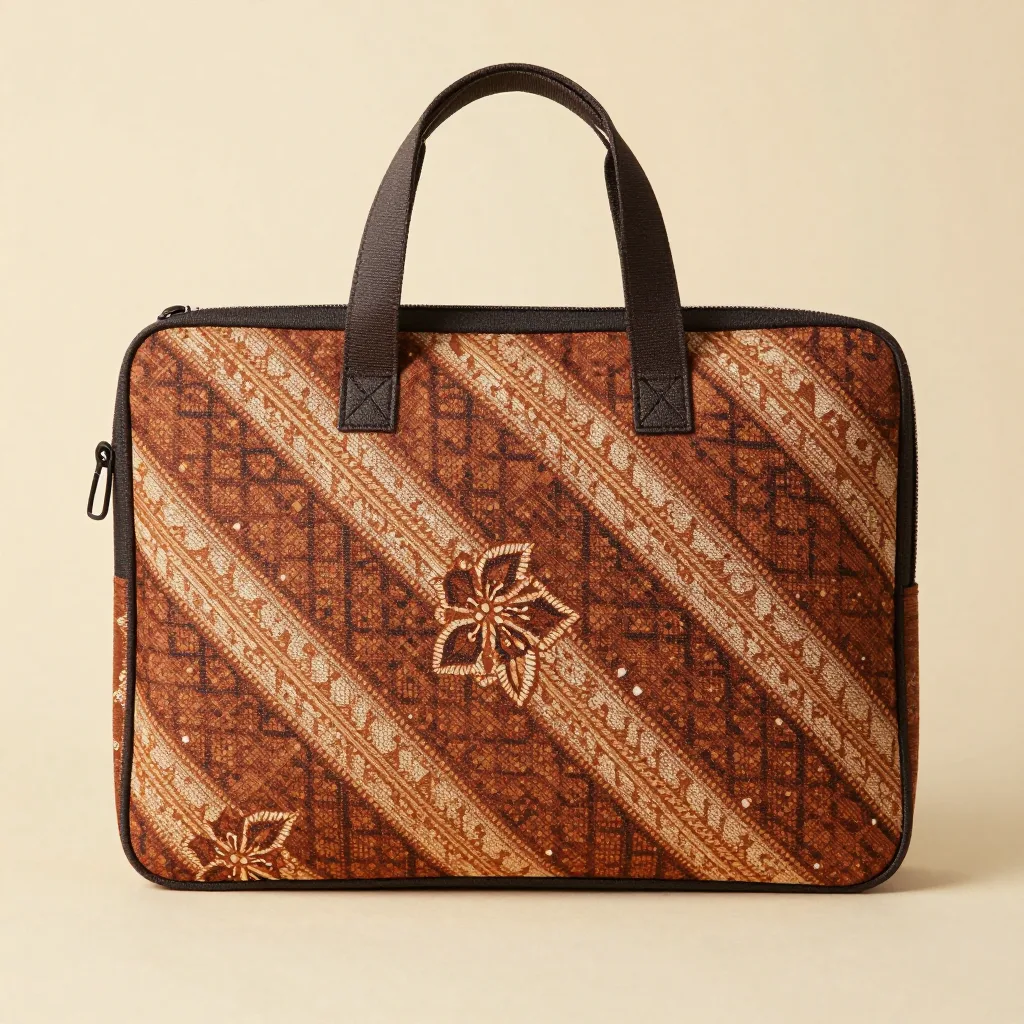 A batik laptop sleeve in an ochre pattern on a light background