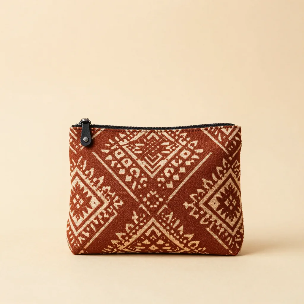 A batik cable pouch in a rust pattern on a light background