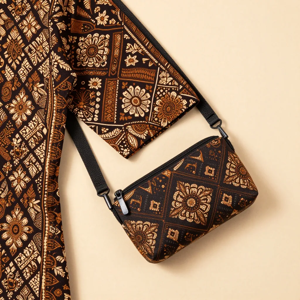 A batik sleeve and cable pouch together on a light background