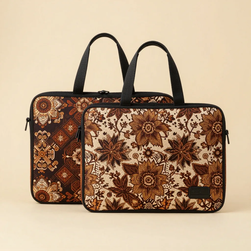 Two batik laptop sleeves in different patterns on a light background
