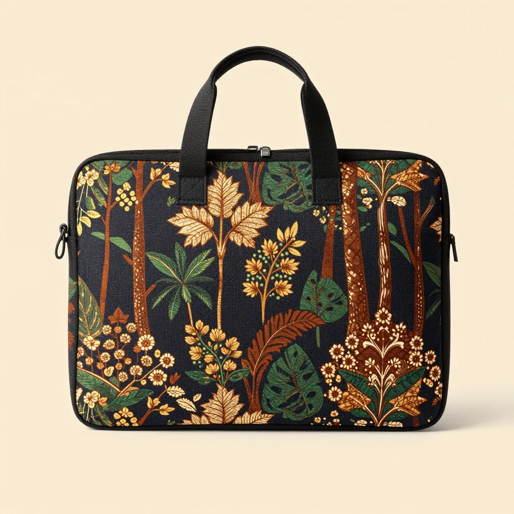 A batik laptop sleeve in a forest pattern on a light background
